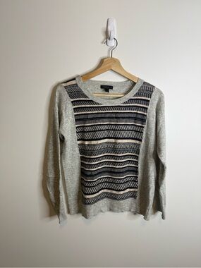 J. Crew Gray Crewneck Sweater with Navy and Cream Stripes wool rabbit hair small